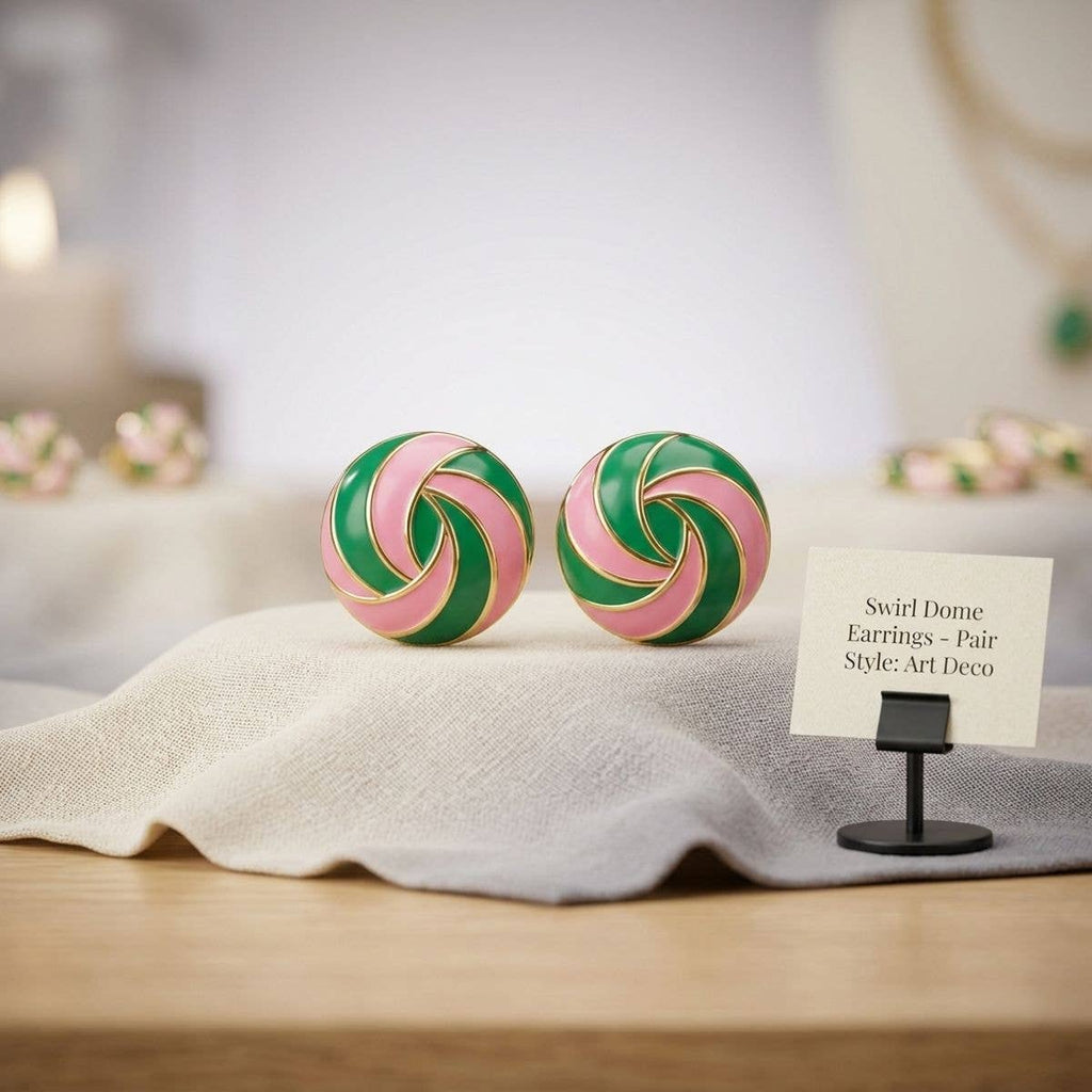 14K Gold Pink and Green Swirl Square Stud Earrings