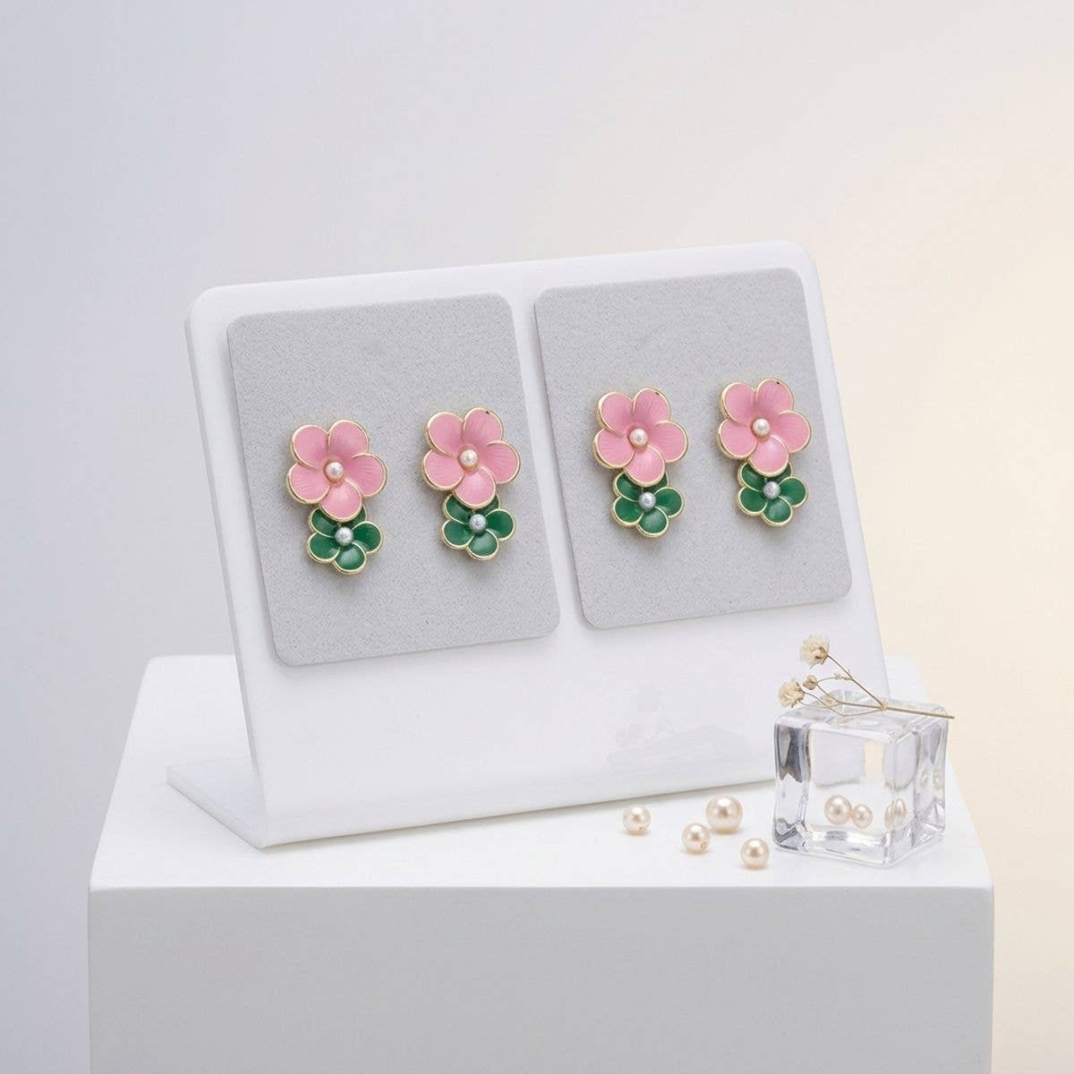 14K Gold Pink and Green Double Flower Earrings