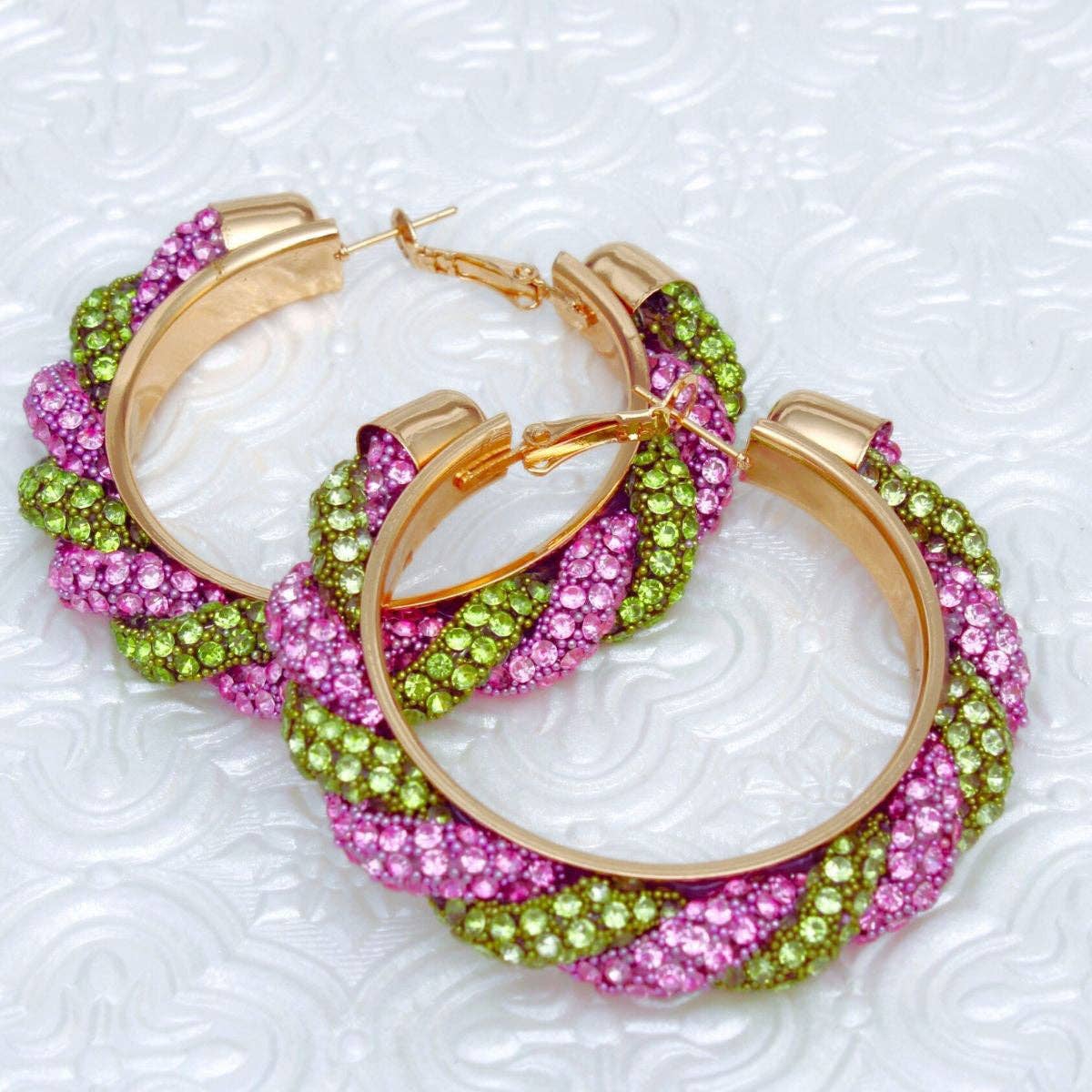 Vibrant Pink and Green Twisted Tube Hoop Earrings
