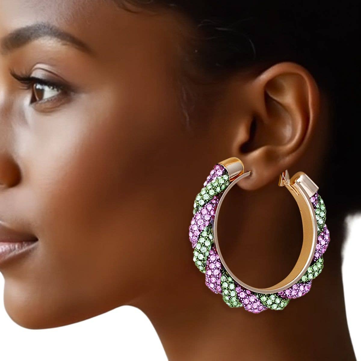 Vibrant Pink and Green Twisted Tube Hoop Earrings