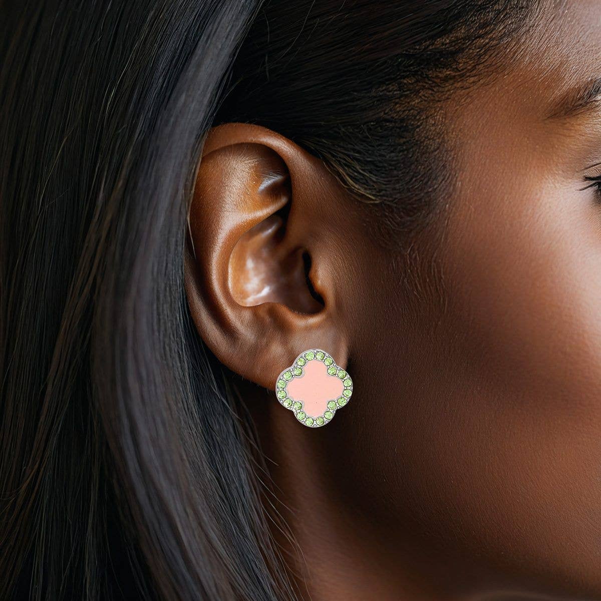 Pink and Green Silver Rhinestone Clover Studs