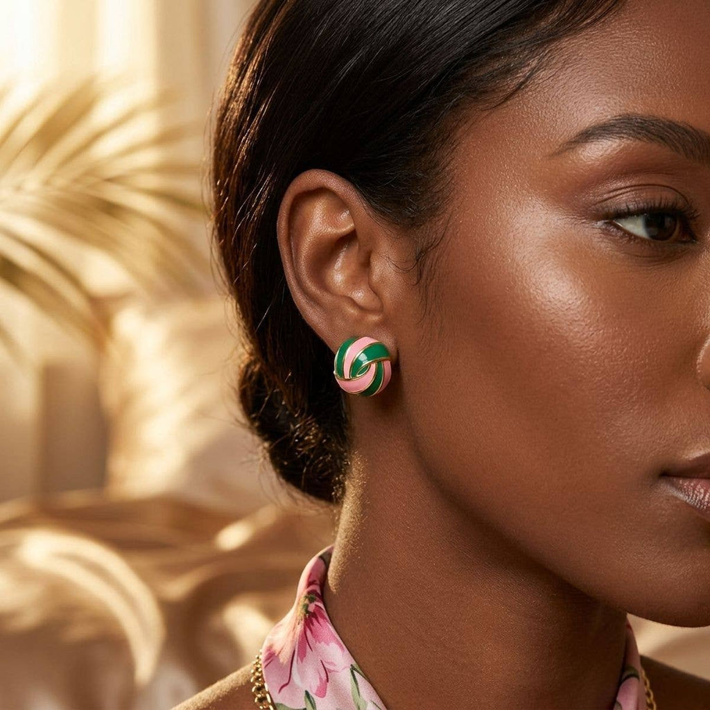 14K Gold Pink and Green Swirl Square Stud Earrings