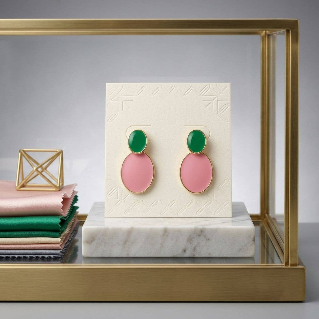 14K Gold Pink and Green Double Oval Earrings