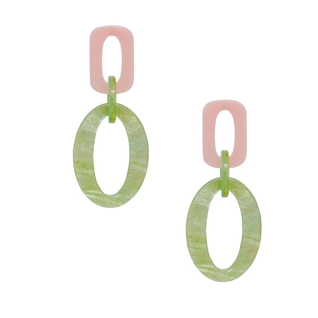 Drop Pink and Green Geometric Link Earrings