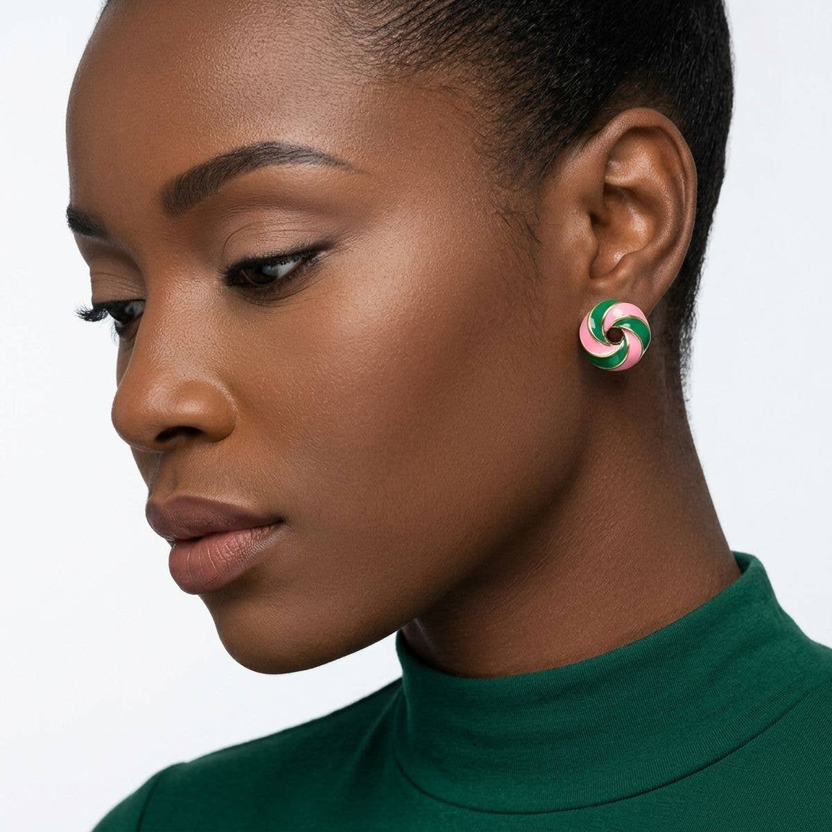 14K Gold Pink and Green Swirl Square Stud Earrings