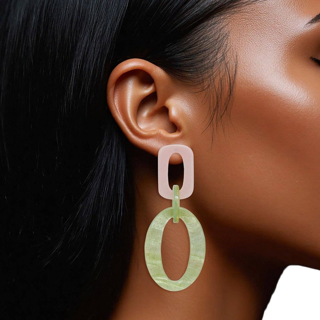 Drop Pink and Green Geometric Link Earrings