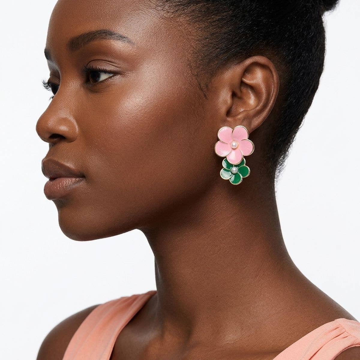 14K Gold Pink and Green Double Flower Earrings