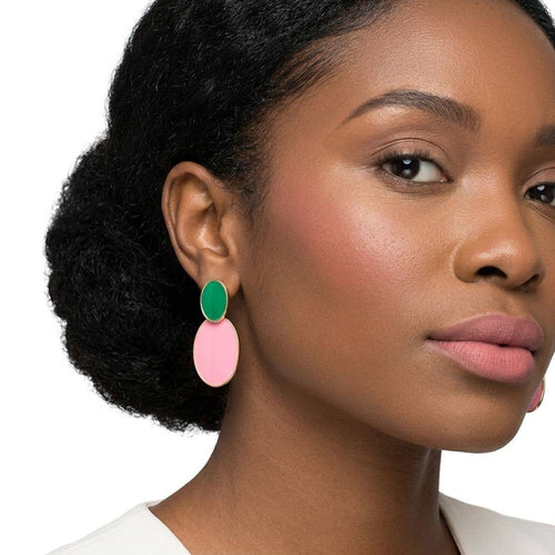14K Gold Pink and Green Double Oval Earrings