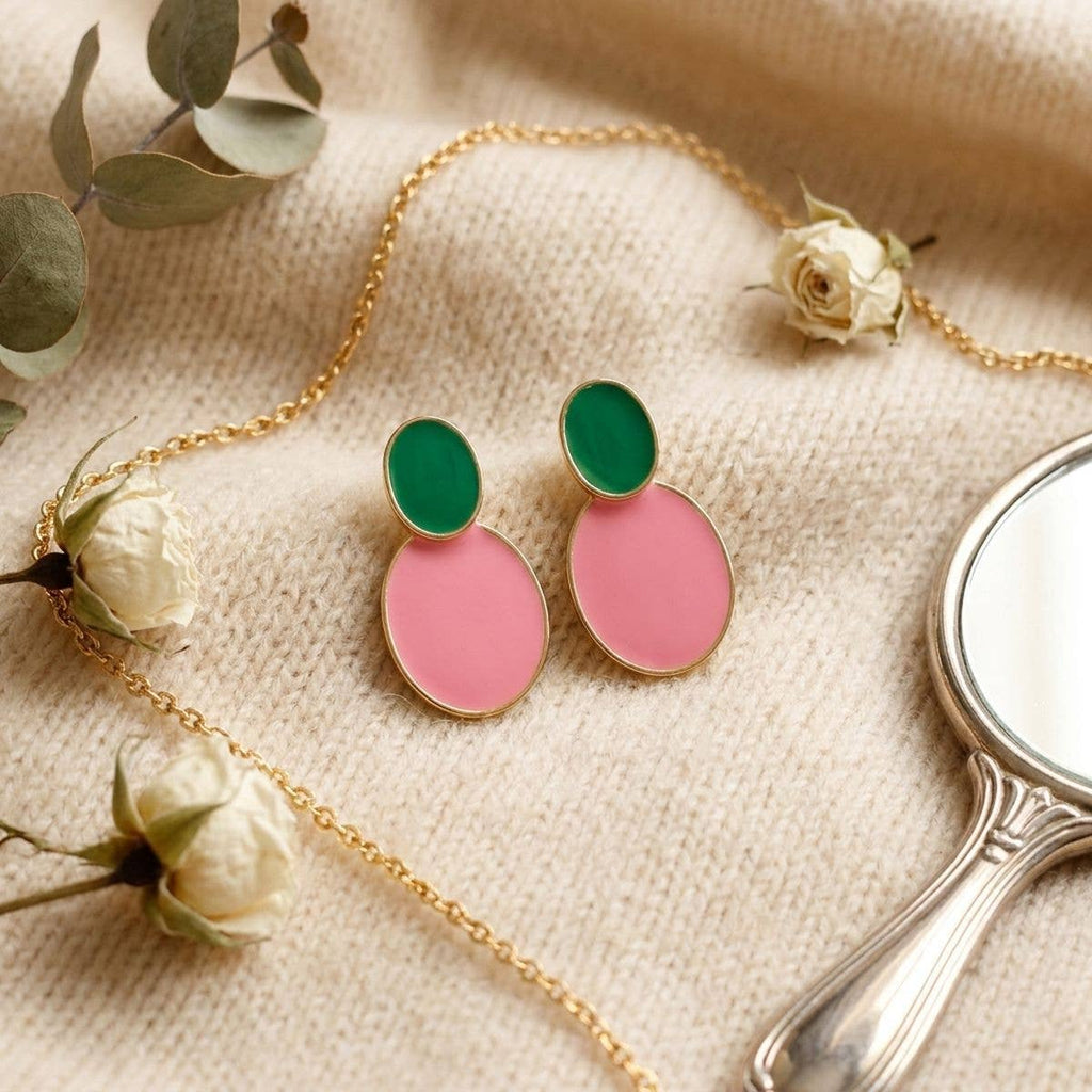 14K Gold Pink and Green Double Oval Earrings