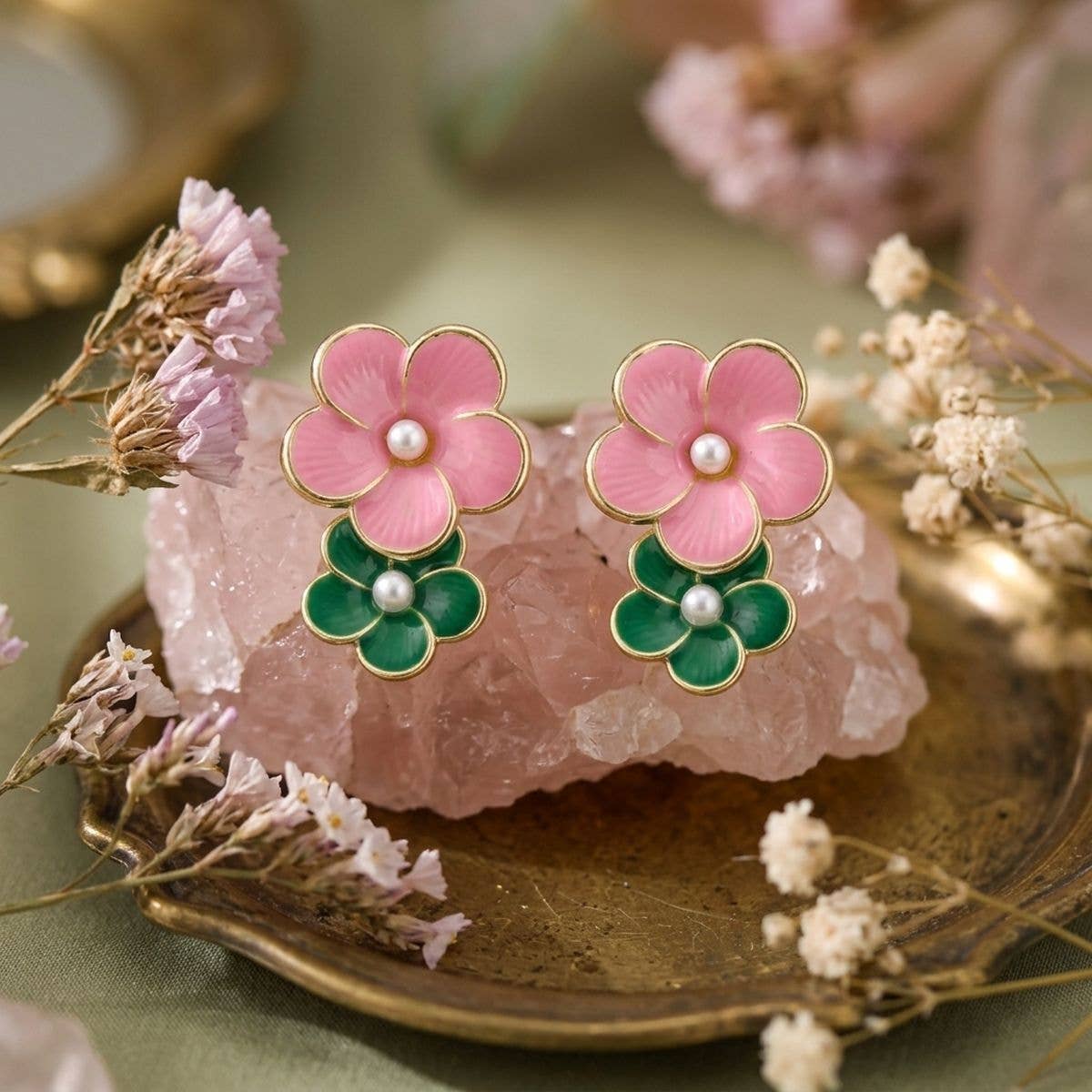 14K Gold Pink and Green Double Flower Earrings