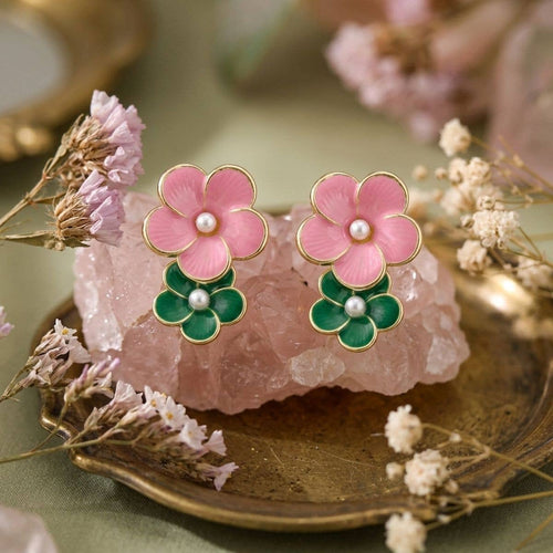 14K Gold Pink and Green Double Flower Earrings