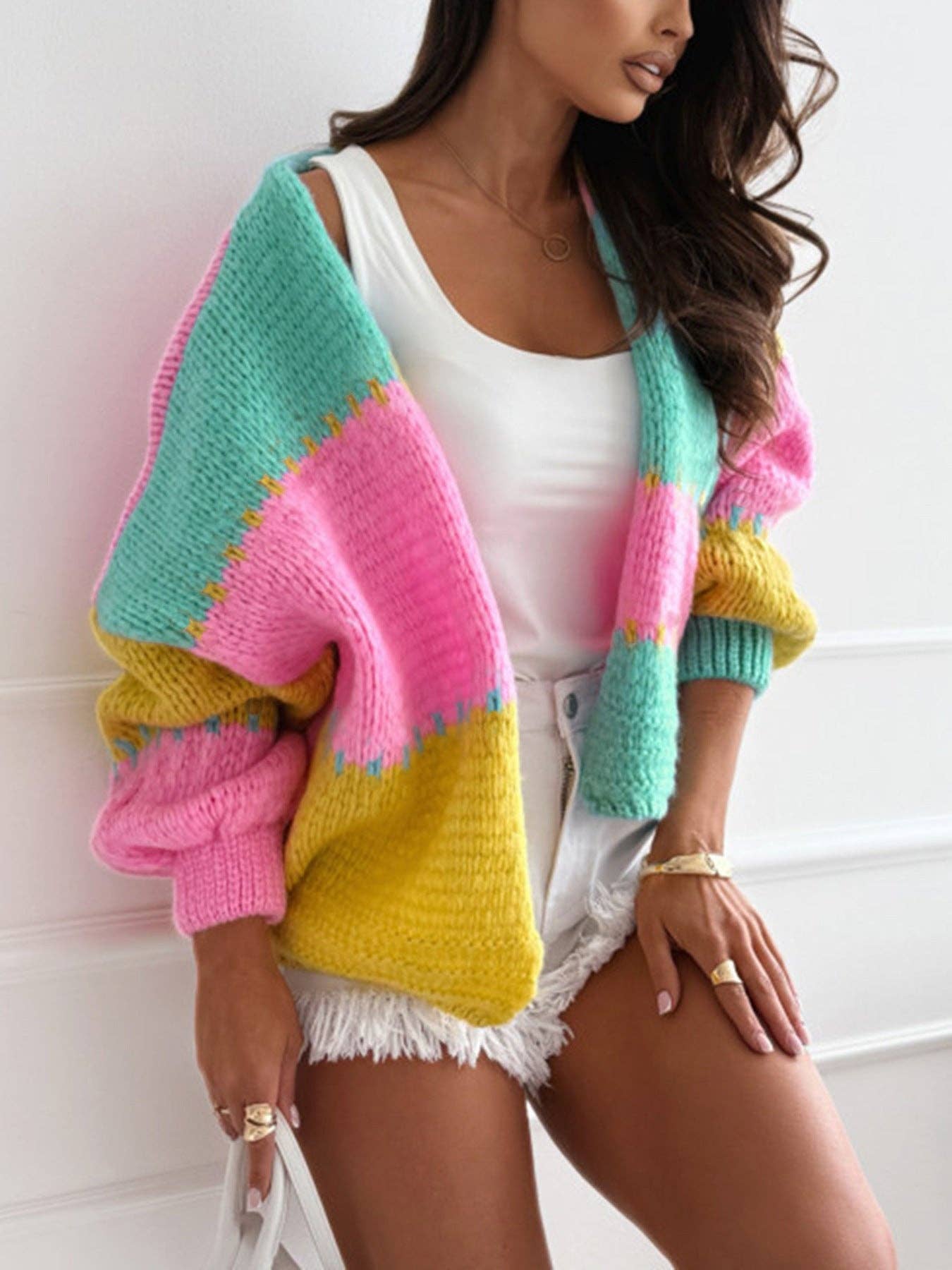 Color Block Knit Cardigan Women Pink N5A521