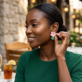 14K Gold Pink and Green Double Flower Earrings