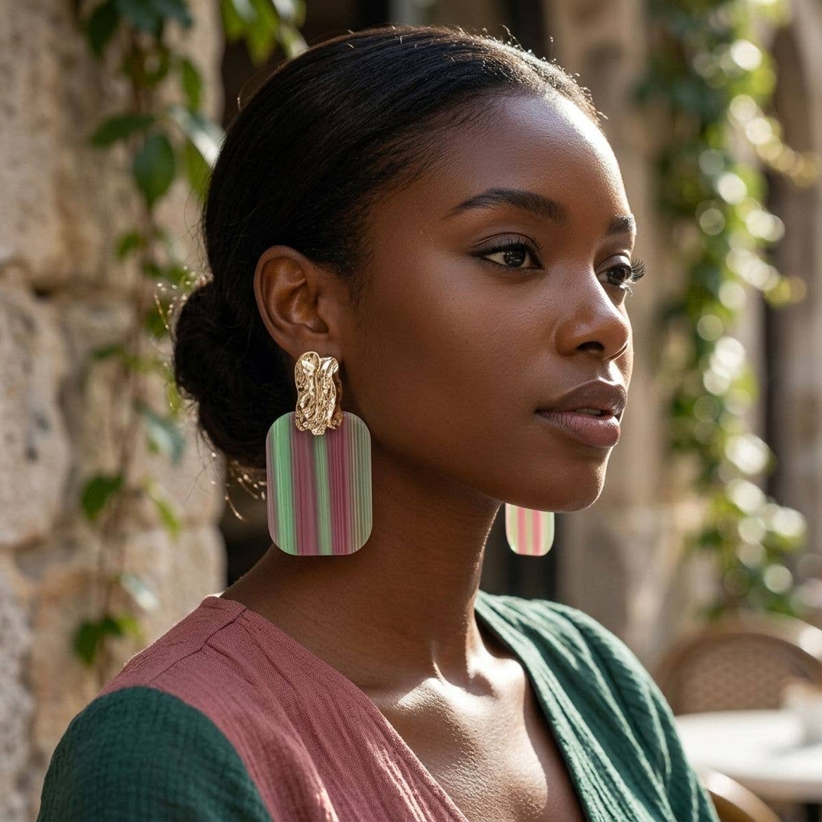Drop Oversized Pink Green Stripe Opulent Earrings