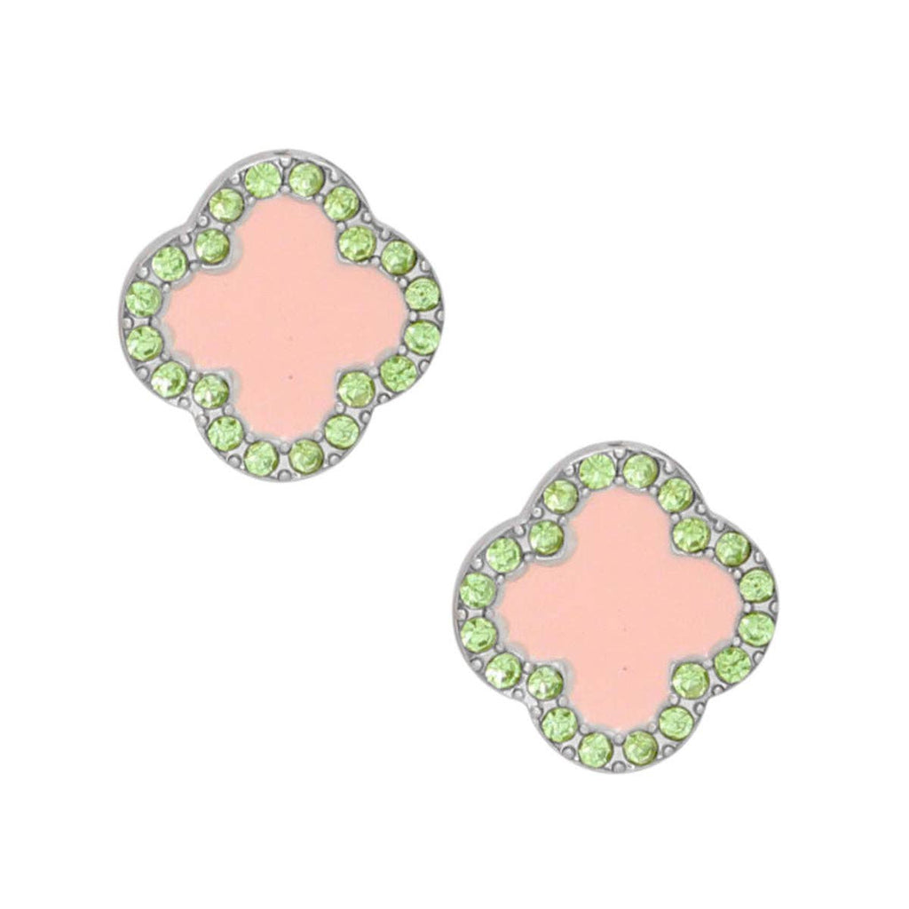 Pink and Green Silver Rhinestone Clover Studs