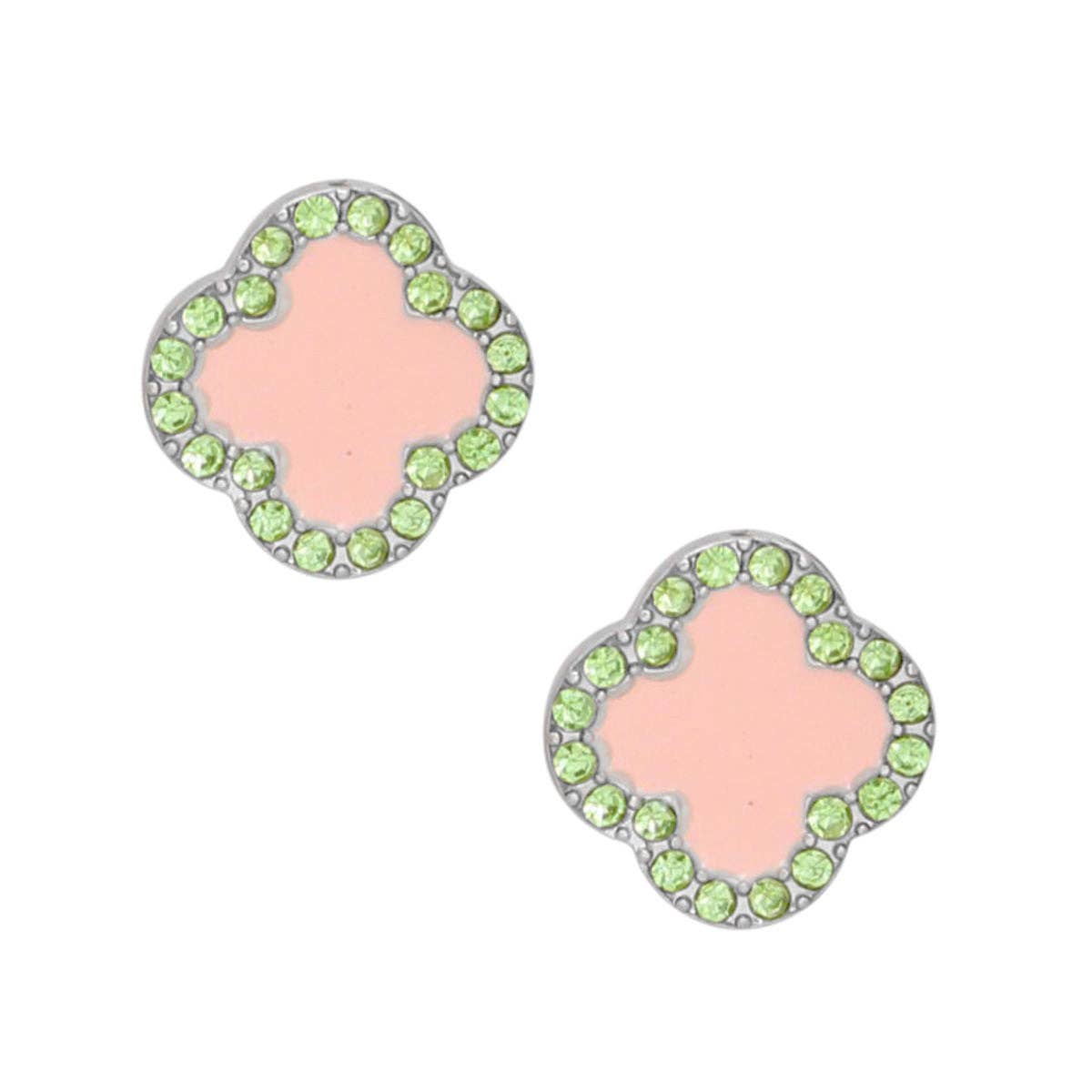 Pink and Green Silver Rhinestone Clover Studs