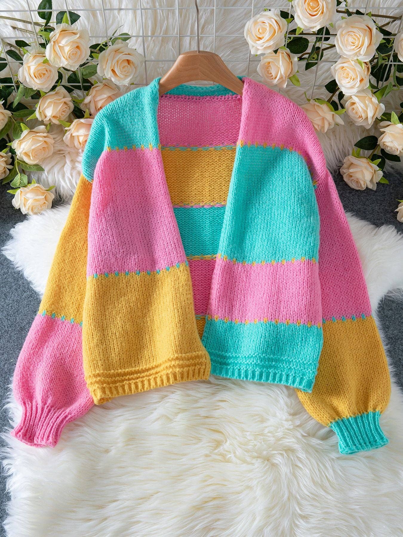 Color Block Knit Cardigan Women Pink N5A521